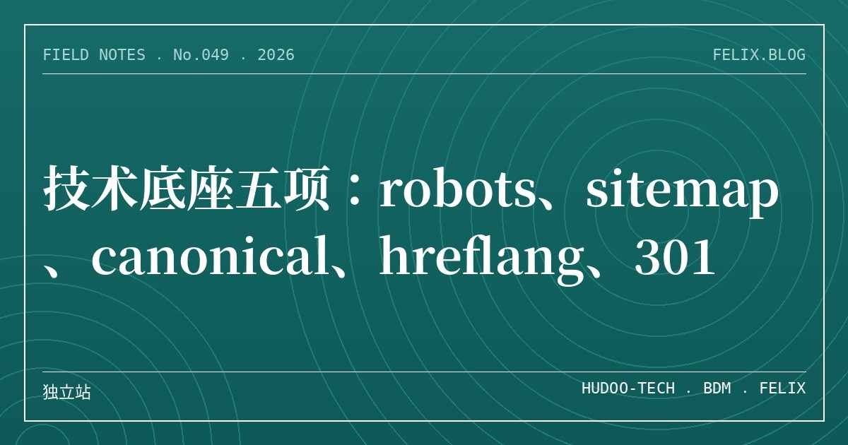 技术底座五项：robots、sitemap、canonical、hreflang、301